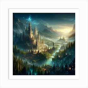 An Intricate High Fantasy Digital Art Piece, Focusing On A Sprawling Elven City Nestled In An Ancient Forest, Bathed In The Ethereal Twilight Glow 3 Art Print