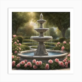 A quiet garden with blooming roses and a quiet fountain Art Print