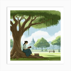 Girl Reading Under A Tree Art Print