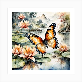 Watercolour Butterflies over Lilly Pond II Art Print