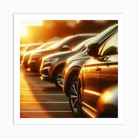 Cars Parked In Parking Lot At Sunset Art Print