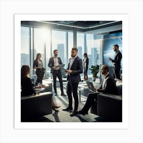 Confident Ceo Standing Center At A Sleek Modern Office Workshop Surrounded By Focused Team In Moti Art Print