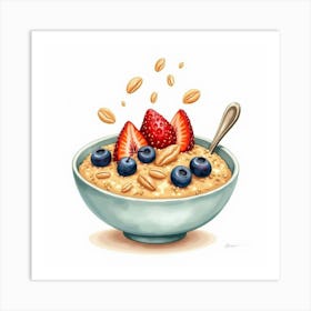 A Whimsical Watercolor Of A Cozy Bowl Of Oatmeal Topped With Fresh Fruit And Nuts Art Print