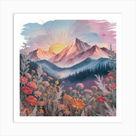 Sunset Mountain Flowers Art Print