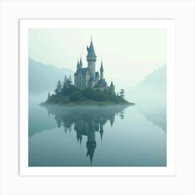 Floating Castle Above Misty Lake, Watercolor Effect 1 Art Print