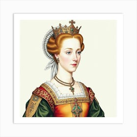 Queen Elizabeth I In Watercolor, Detailed Headdress, Elegant Robes 1 Art Print