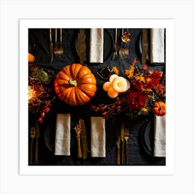 Autumnal Table Setting Cradling A Half Carved Roasted Pumpkin Candlelight Flickering Within Casting (5) Art Print