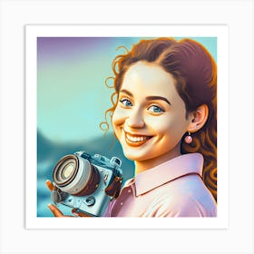 Portrait Of A Girl Holding A Camera Art Print