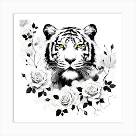 Tiger With Roses Art Print