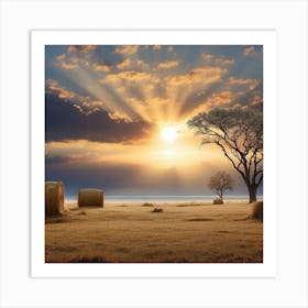 Sunset In The Field With Hay Bales Art Print