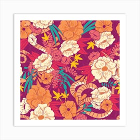 Flower And Floral Pattern With Orange And Pink Decoration Square Art Print