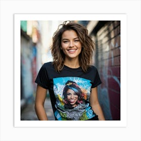 Confident Young Woman Smiles Wearing A Stylish T Shirt Mid Shot Vibrant Urban Background With Gra (2) Art Print