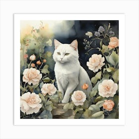 White Cat With Roses Art Print