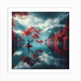 Red Tree In The Lake Art Print