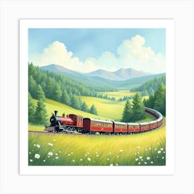 Elegant Train Passing Through A Picturesque Watercolor Meadow 1 Art Print