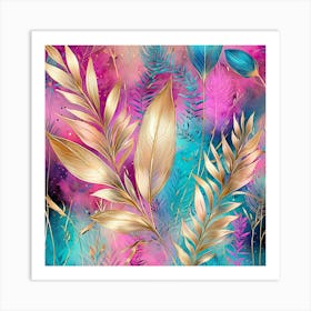 Gold Leaves On A Blue Background Art Print