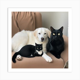 Three Cats And A Dog Art Print