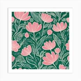 Pink Flowers On Green Background Art Print