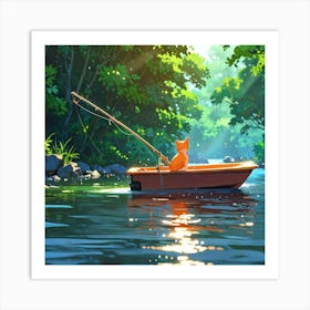 Cat Fishing In A Boat 2 Art Print