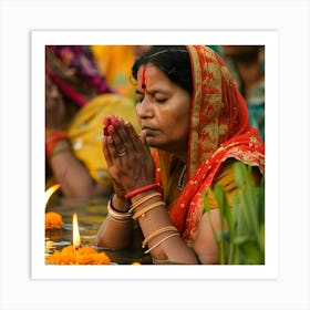 Indian Women Praying In The Water 1 Art Print