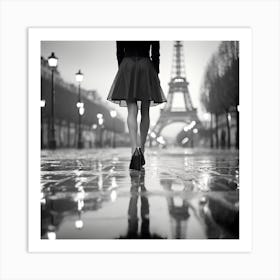 Black and white Paris with Eiffel Tower in rainy night  Art Print