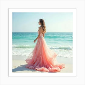 Graceful Woman In Watercolor Gown, Serene Beach Scene 1 Art Print