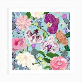 Orchid, Succulent And Roses Colorful Pattern Square Art Print