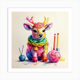 Deer With Knitting Needles 2 Art Print