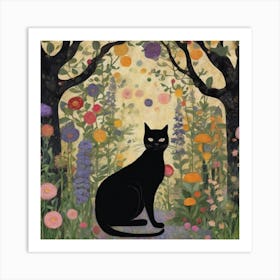 Klimt Style, Black Cat In A Garden Art Print Art Print