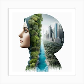 A photo of a young woman wearing a hijab made of plants and water, symbolizing the connection between humans and nature, and the importance of protecting the environment. Art Print