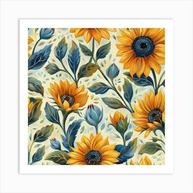 Sunflowers Blue Leaves Art Print