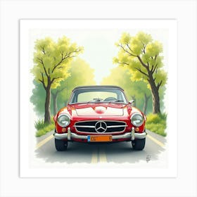 Classic Automobile With A Spring Forest Backdrop, Watercolor Painting 1 Art Print