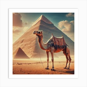 Camel Infront Of Great Pyramid Art Print