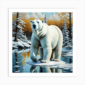 White Polar Bear By Icy Lake With Tall Trees And Frosty Leaves Art Print