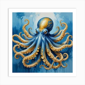 Octopus Blue And Gold Animal Art Print 2 Art Print