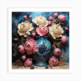 Flowers With Pink Peonies And Blue Art Print