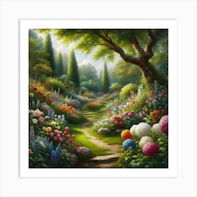 Realistic Oil Painting Of A Lush Garden Bursting With Colorful Flowers And Greenery, Style Realistic Oil Painting Art Print