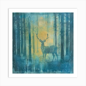 Deer in Misty Forest Series. Style of Hockney. 4 Art Print