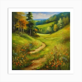 Path In The Countryside.Canada's forests. Dirt path. Spring flowers. Forest trees. Artwork. Oil on canvas. Art Print