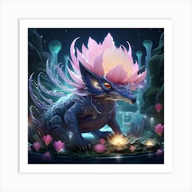 Dragon With Lotus Flower Art Print