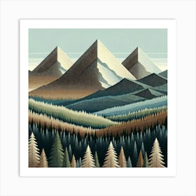 "Textured Tranquility"   Crisp mountain peaks ascend above a textured forest, each layer detailed with tactile precision. The artwork's rich tapestry of patterns and earthy tones conveys the serene grandeur of a timeless landscape. This piece is a celebration of nature's depth and diversity, offering a visually stunning retreat into the wilderness for any viewer. Art Print