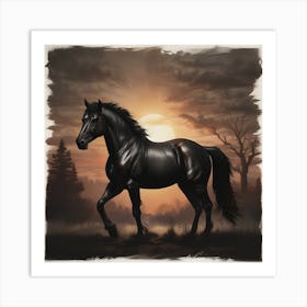 Black Horse At Sunset Art Print