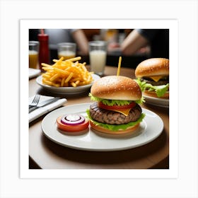 Hamburgers And Fries In A Restaurant Art Print