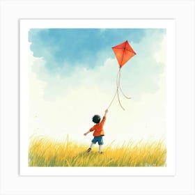 Japanese Boy Flying A Kite In An Open Field, Vibrant Colors And Soft Winds, Watercolor Painting Art Print