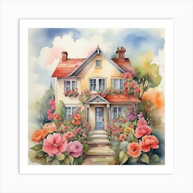 Watercolor House With Flowers Art Print 0 Art Print