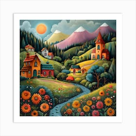 Russian Village, Naive, Whimsical, Folk Art Print