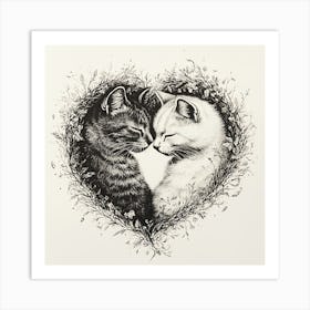 Delicate Ink Drawing of Cats Love Heart 1 Art Print