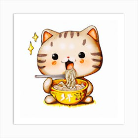 Chinese Cat Eats Noddles Art Print