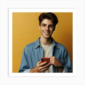 Happy Young Man Using Smart Phone Art Print