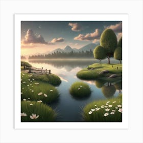 Landscape With Trees And Flowers Art Print